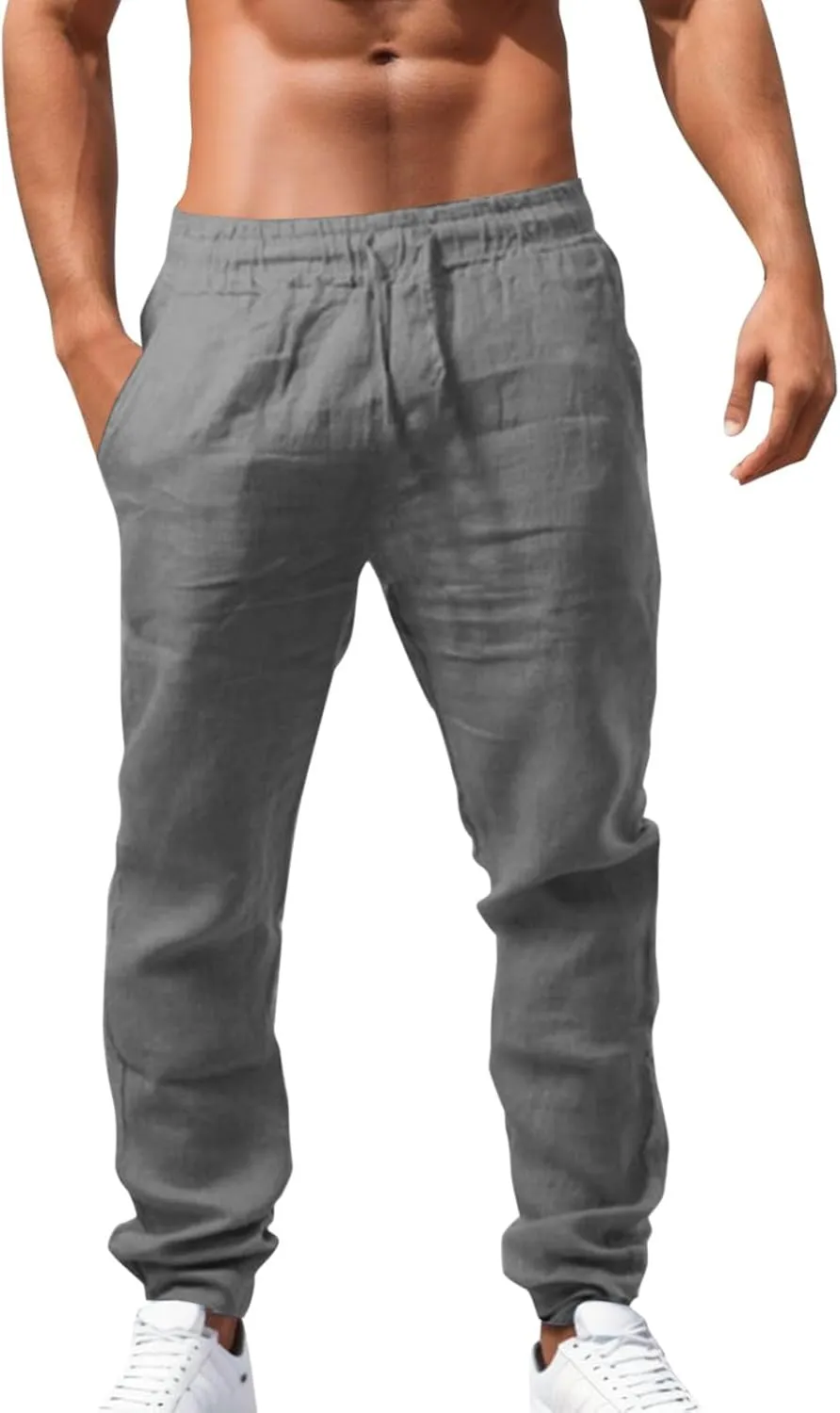 Mens Cotton Linen Pants Elastic Waist Drawstring Straight Leg Casual Pants Summer Loose Lightweight Yoga Beach Slacks