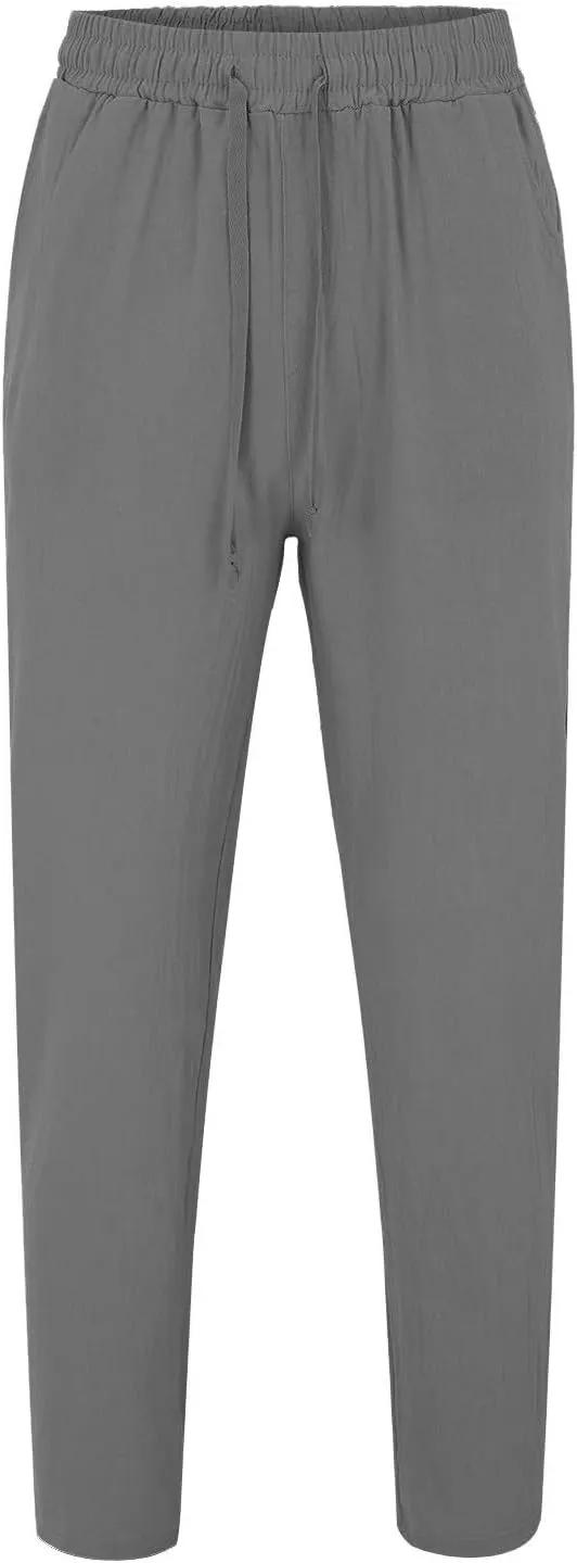 Mens Cotton Linen Pants Elastic Waist Drawstring Straight Leg Casual Pants Summer Loose Lightweight Yoga Beach Slacks