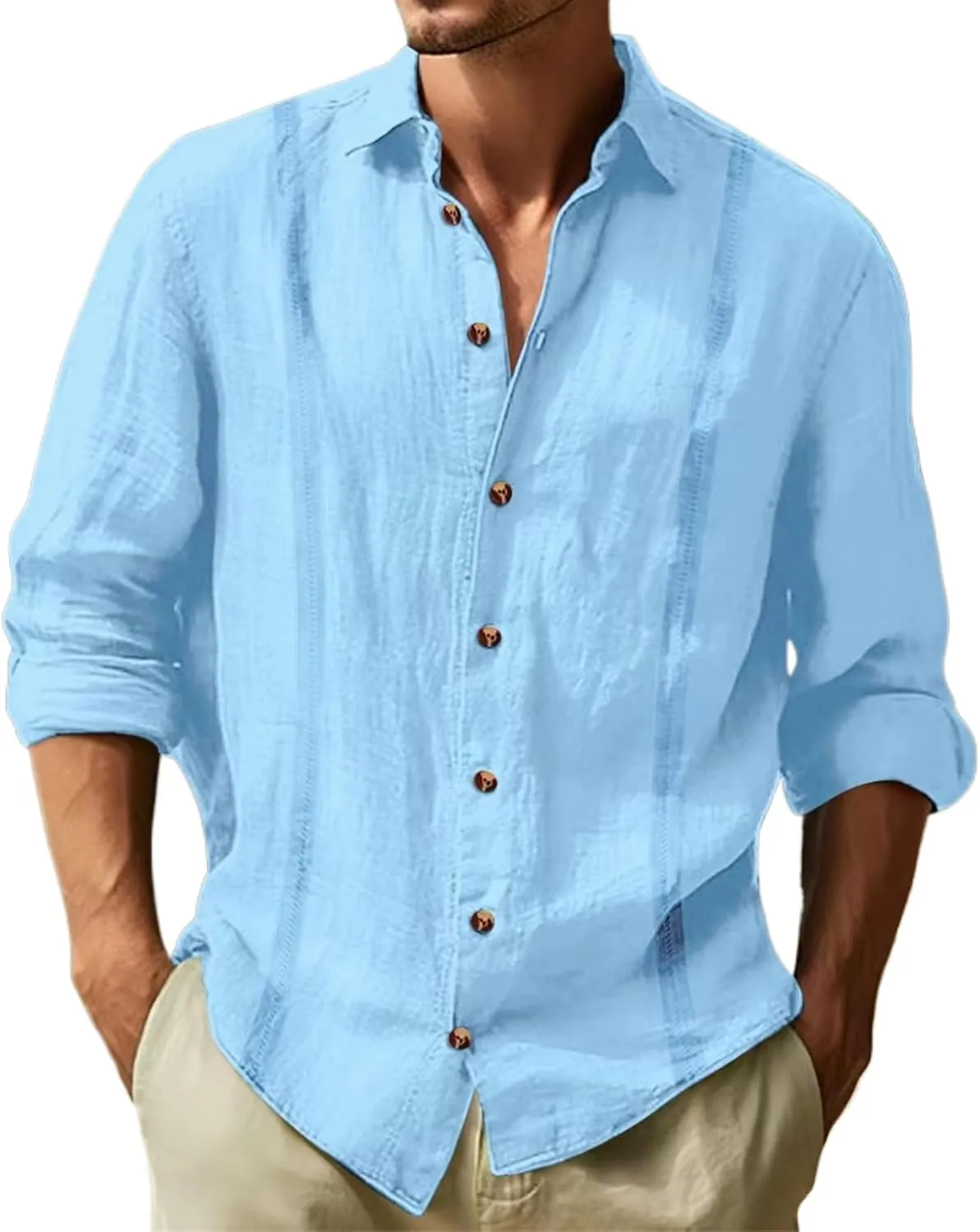 Men's Cotton Linen Shirts Button Up Long Sleeve T Shirts Solid Plain Roll Up Sleeve Tees Summer Casual Tees Tops