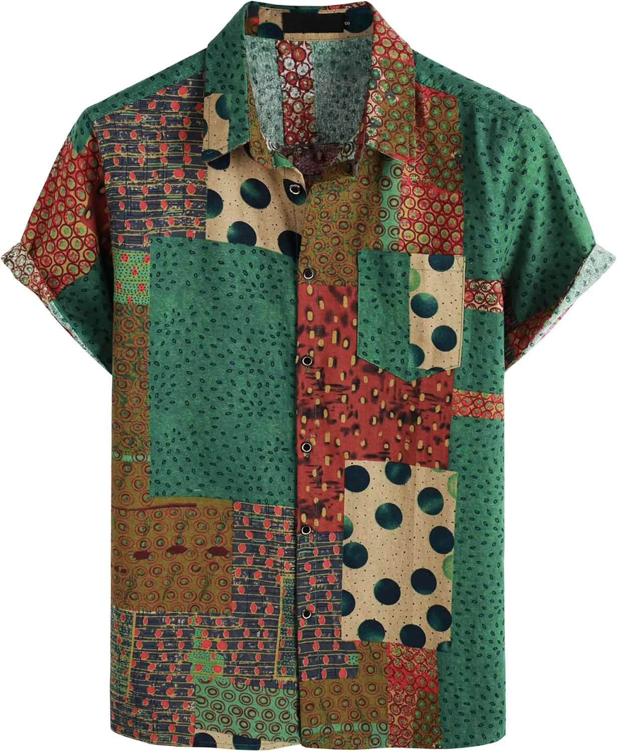 Men's Cotton Linen Vintage Pattern Printed Old Style Shirt Casual Short Sleeve Button Down Retro Shirts