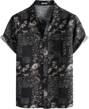 Men's Cotton Linen Vintage Pattern Printed Old Style Shirt Casual Short Sleeve Button Down Retro Shirts