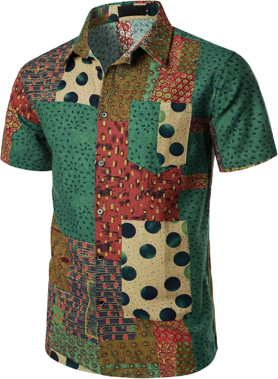 Men's Cotton Linen Vintage Pattern Printed Old Style Shirt Casual Short Sleeve Button Down Retro Shirts