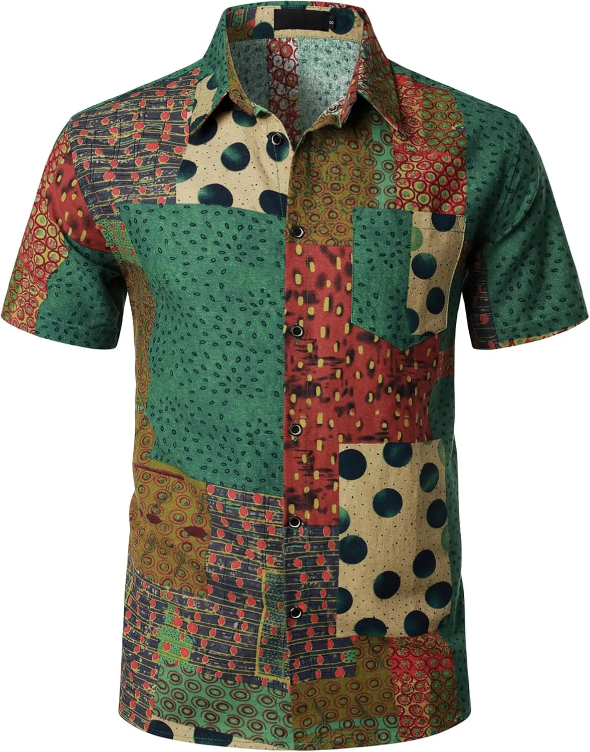 Men's Cotton Linen Vintage Pattern Printed Old Style Shirt Casual Short Sleeve Button Down Retro Shirts