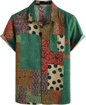 Men's Cotton Linen Vintage Pattern Printed Old Style Shirt Casual Short Sleeve Button Down Retro Shirts