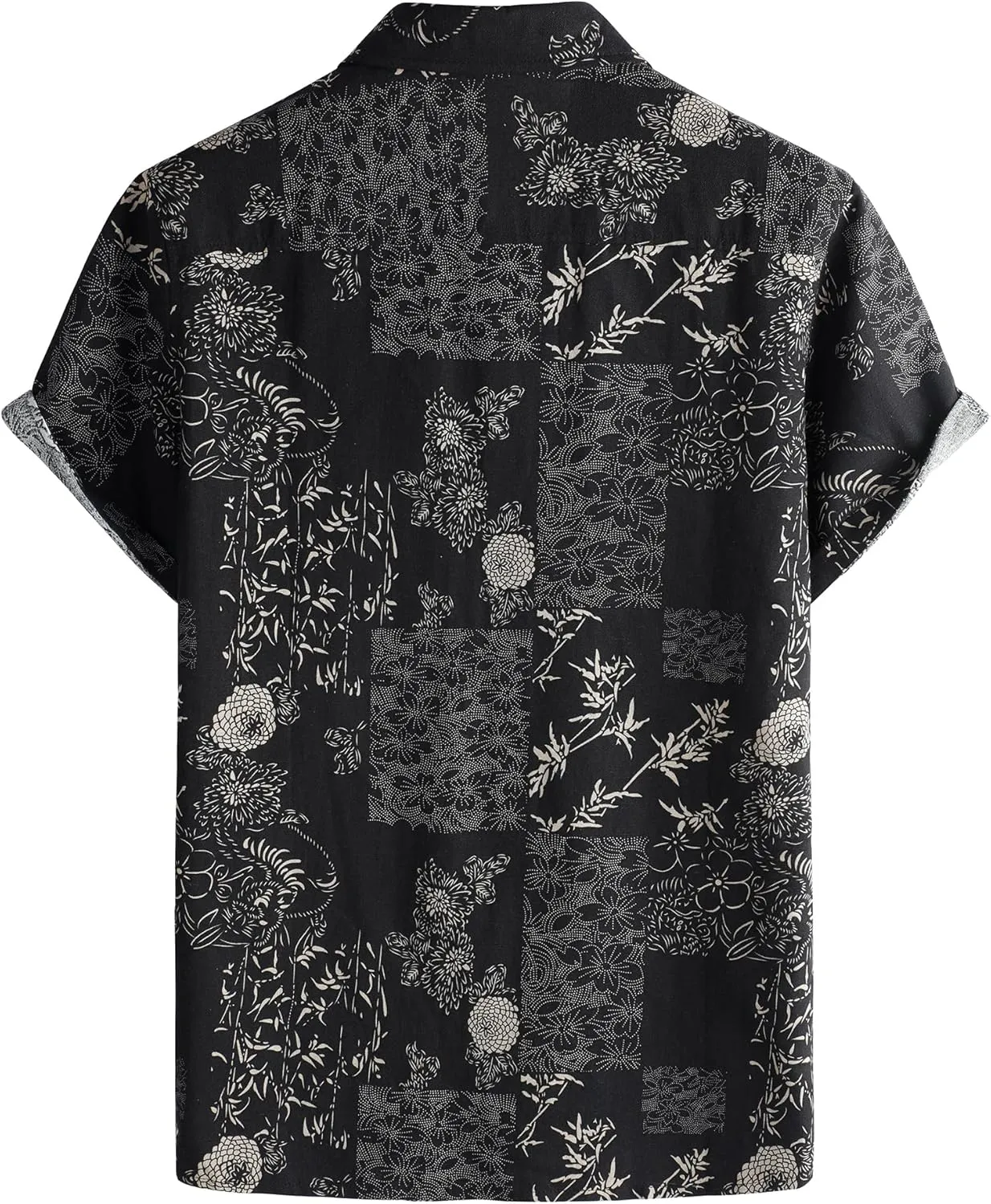 Men's Cotton Linen Vintage Pattern Printed Old Style Shirt Casual Short Sleeve Button Down Retro Shirts