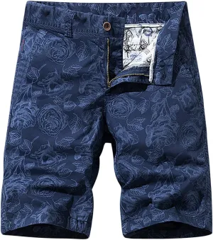 Mens Cotton Shorts with Pockets Casual Vintage Print Tooling Shorts 6 Inch Inseam Big and Tall Summer Beach Short