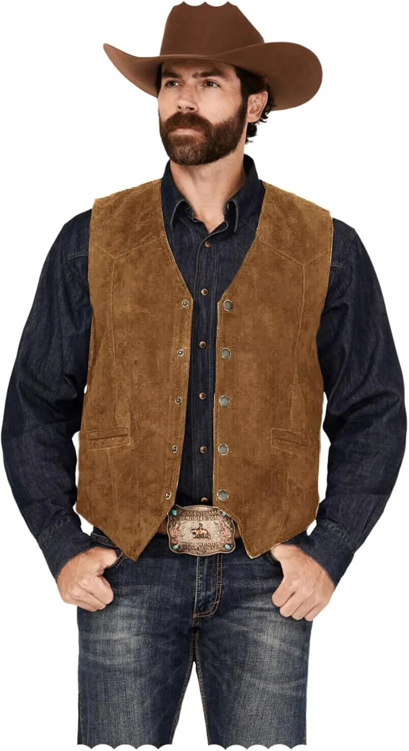 Men's Faux Suede Leather Dress Vest Slim Fit Western Cowboy Style Waistcoat for Wedding Party