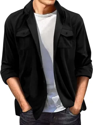 Mens Front Pockets Suede Leather Jackets Vintage Button Down Shirt Jackets Long Sleeve Work Overshirts Trucker Coats