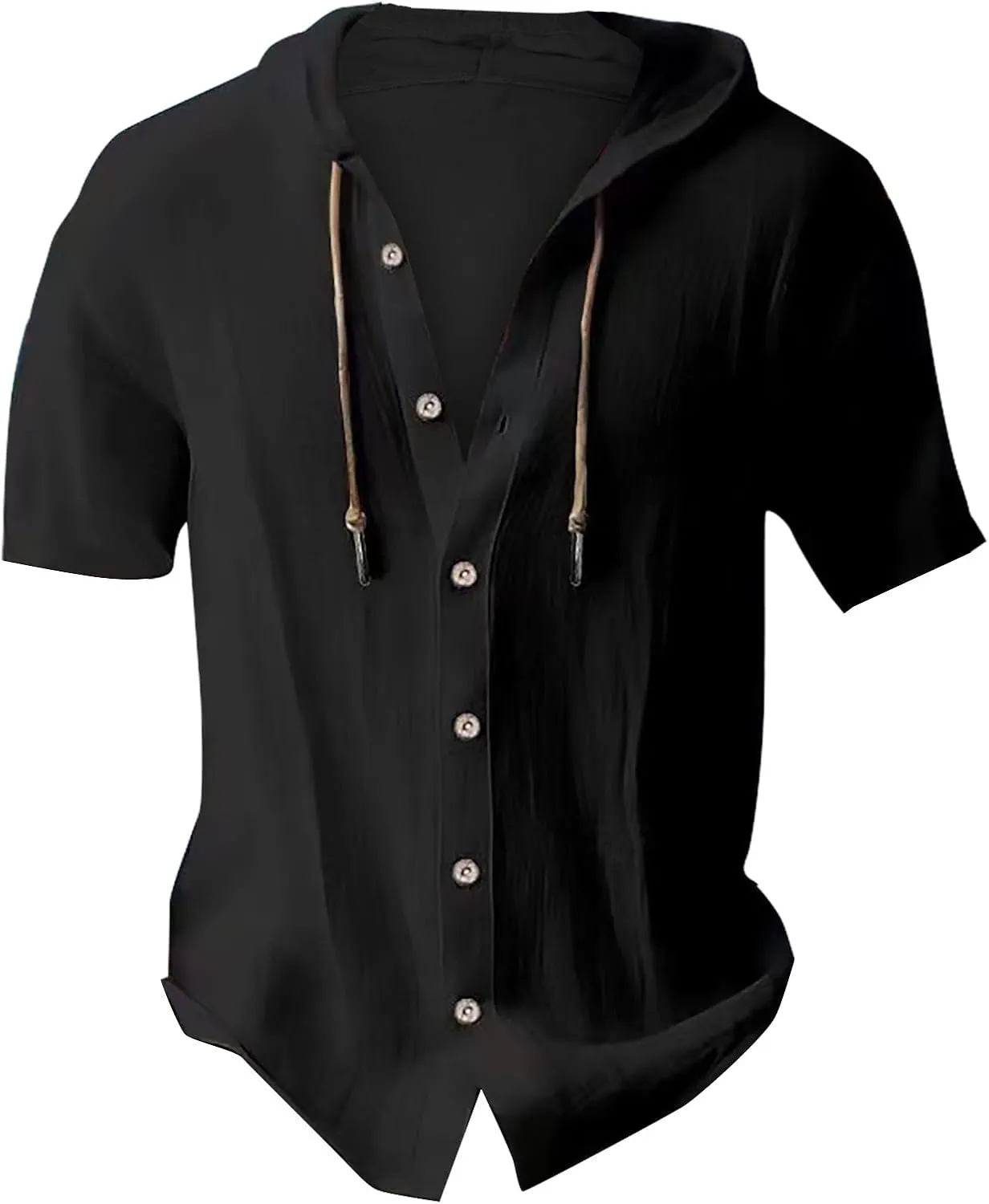 Men's Hooded Linen Shirts Casual Hawaiian Drawstring Button Down Short Sleeve Tops Summer Beach Vacation Hippie Shirt