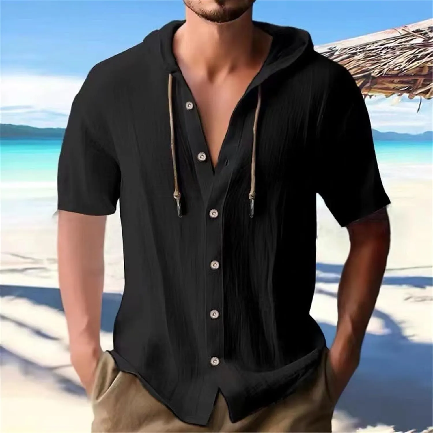 Men's Hooded Linen Shirts Casual Hawaiian Drawstring Button Down Short Sleeve Tops Summer Beach Vacation Hippie Shirt