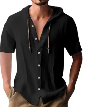 Men's Hooded Linen Shirts Casual Hawaiian Drawstring Button Down Short Sleeve Tops Summer Beach Vacation Hippie Shirt