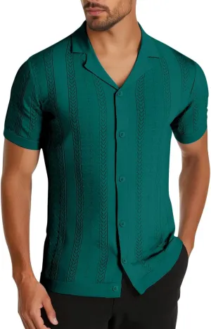 Men's Knitted Cotton Button Down Shirt Summer Fashion Vintage Short Sleeve Blouse Casual Solid Color Vacation Tops