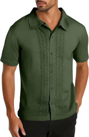 Men's Knitted Cotton Button Down Shirt Summer Fashion Vintage Short Sleeve Blouse Casual Solid Color Vacation Tops