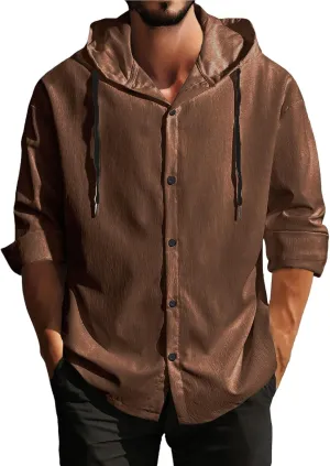 Mens Linen Shirts Long Sleeve Drawstring Button Down Casual Hooded T Shirt for Men 2025 Stylish Roll-Up Sleeve