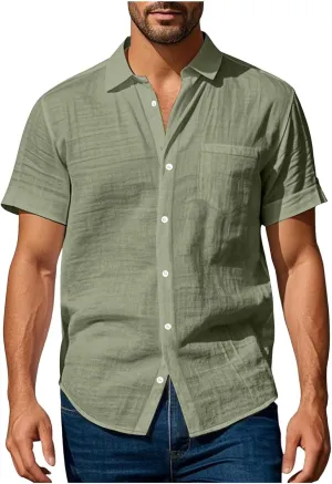 Men's Linen Shirts Short Sleeve Button Down Shirts Casual Summer Beach Linen Shirt Holiday Wedding Hawaiian Shirt