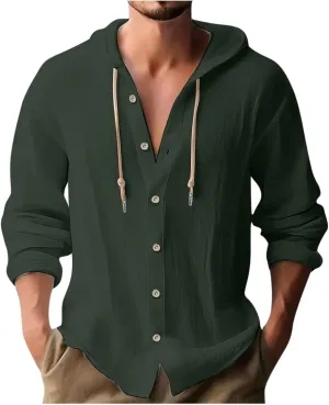 Men's Long Sleeve Button Down Hoodie Shirts Dressy Casual 2024 Rolled Up Sleeve Drawstring Hooded Shirt Tops