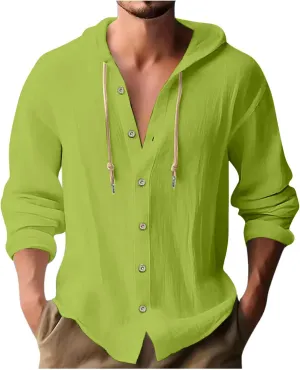 Men's Long Sleeve Button Down Hoodie Shirts Dressy Casual 2024 Rolled Up Sleeve Drawstring Hooded Shirt Tops