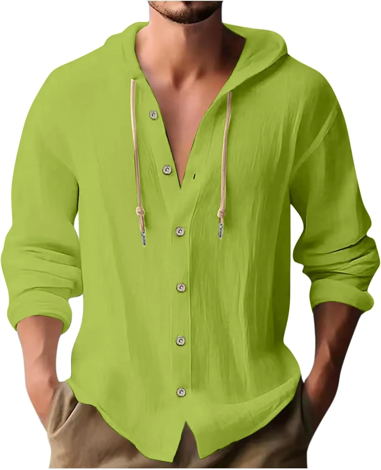 Men's Long Sleeve Button Down Hoodie Shirts Dressy Casual 2024 Rolled Up Sleeve Drawstring Hooded Shirt Tops