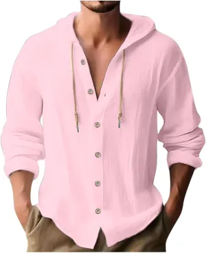 Men's Long Sleeve Button Down Hoodie Shirts Dressy Casual 2024 Rolled Up Sleeve Drawstring Hooded Shirt Tops