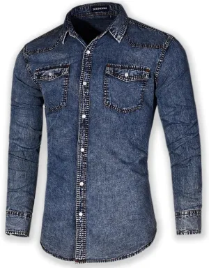 Men's Long Sleeve Double Pocket Snap Denim Shirt