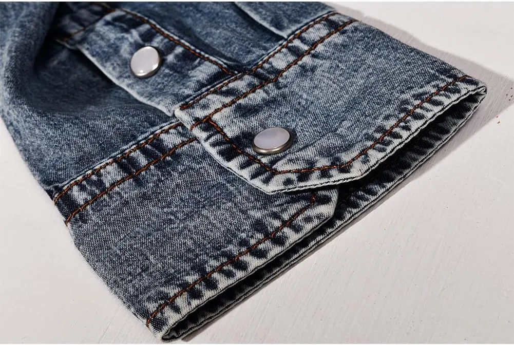 Men's Long Sleeve Double Pocket Snap Denim Shirt