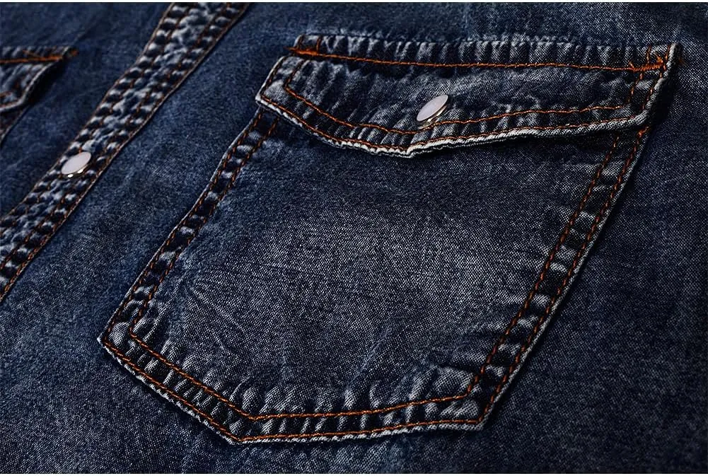 Men's Long Sleeve Double Pocket Snap Denim Shirt