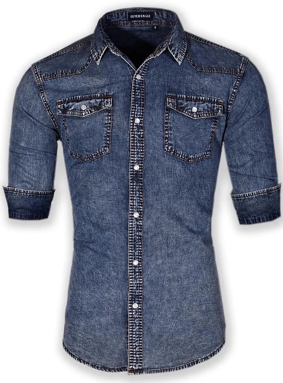 Men's Long Sleeve Double Pocket Snap Denim Shirt