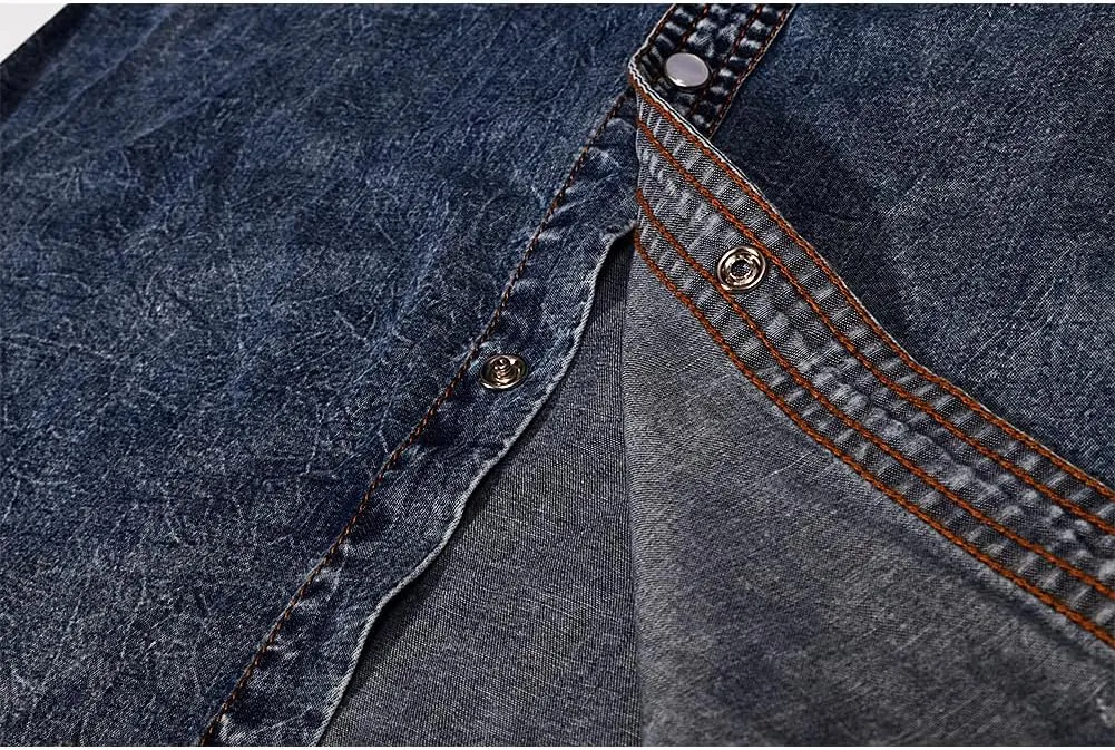 Men's Long Sleeve Double Pocket Snap Denim Shirt