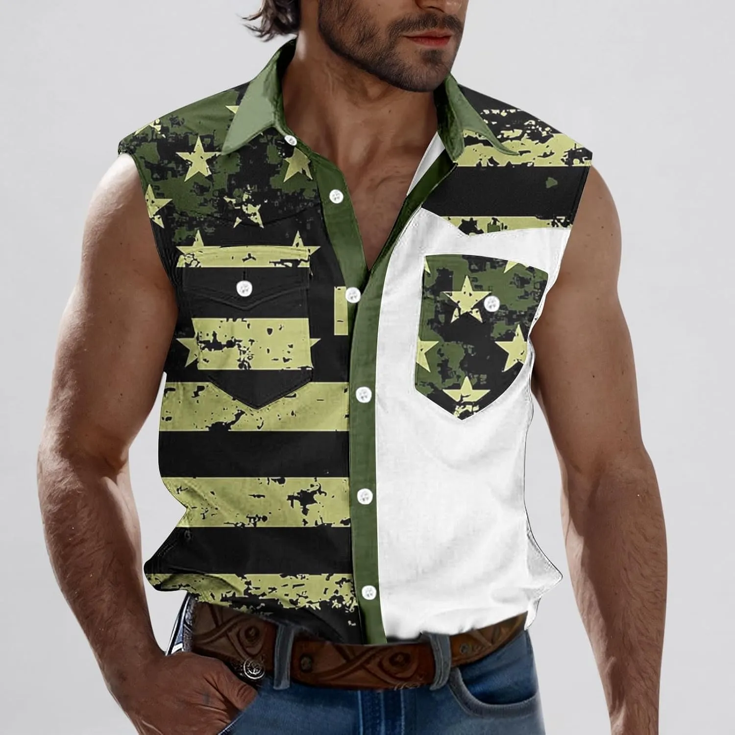 Mens Muscle Tank Tops American Flag Graphic Cargo Shirts Sleeveless Independence Patriotic Shirts 4th of July Outfits