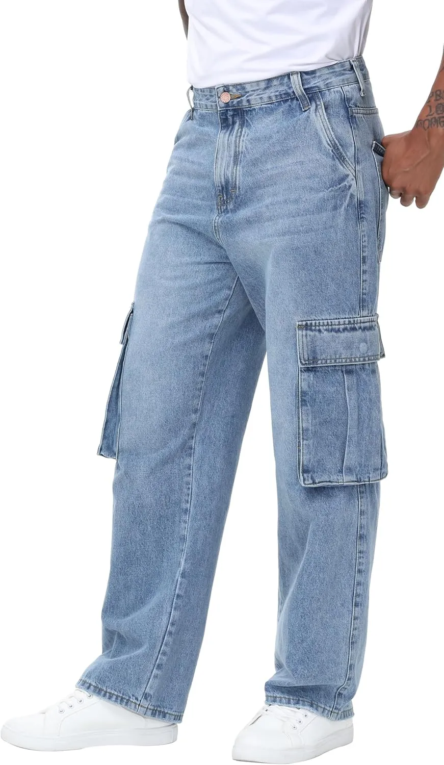 Men's Non-Stretch Loose Fit Wide-Leg Baggy Cargo Jeans Pants
