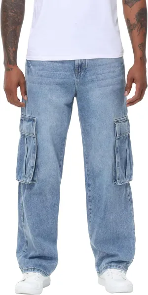 Men's Non-Stretch Loose Fit Wide-Leg Baggy Cargo Jeans Pants
