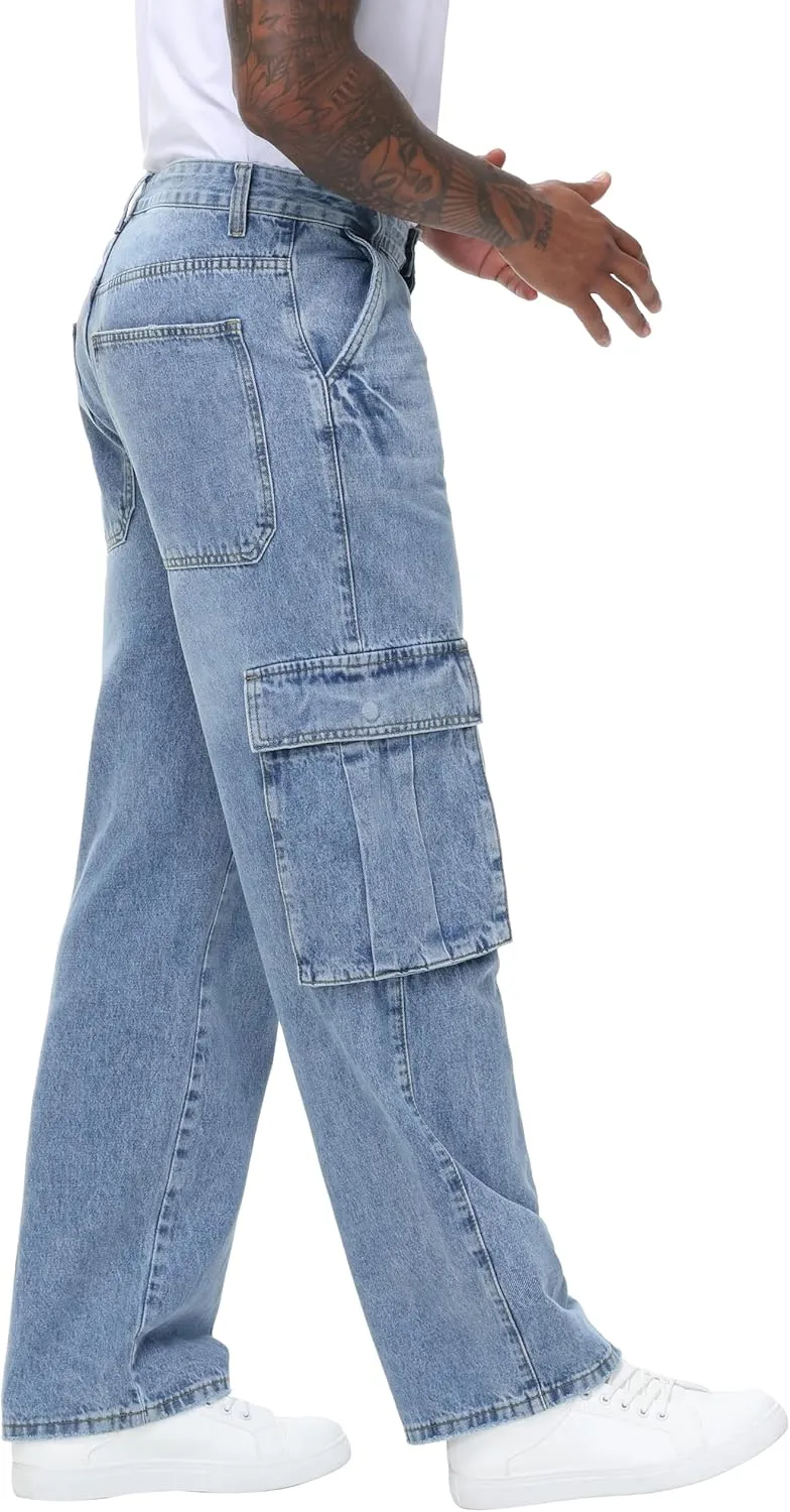Men's Non-Stretch Loose Fit Wide-Leg Baggy Cargo Jeans Pants