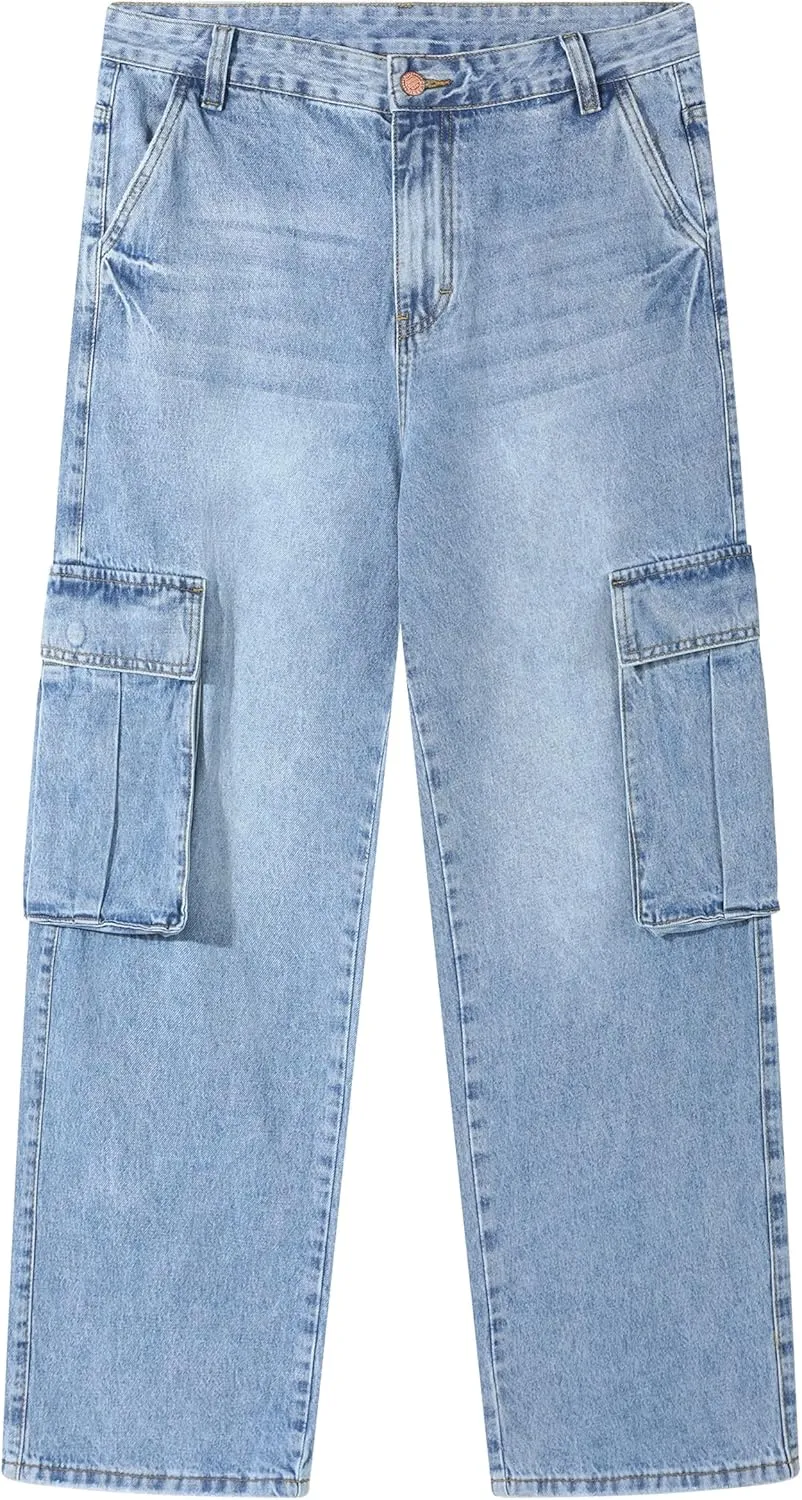 Men's Non-Stretch Loose Fit Wide-Leg Baggy Cargo Jeans Pants