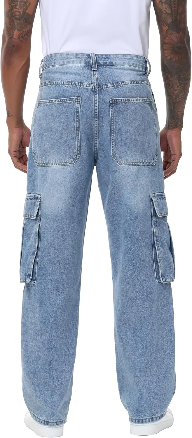 Men's Non-Stretch Loose Fit Wide-Leg Baggy Cargo Jeans Pants