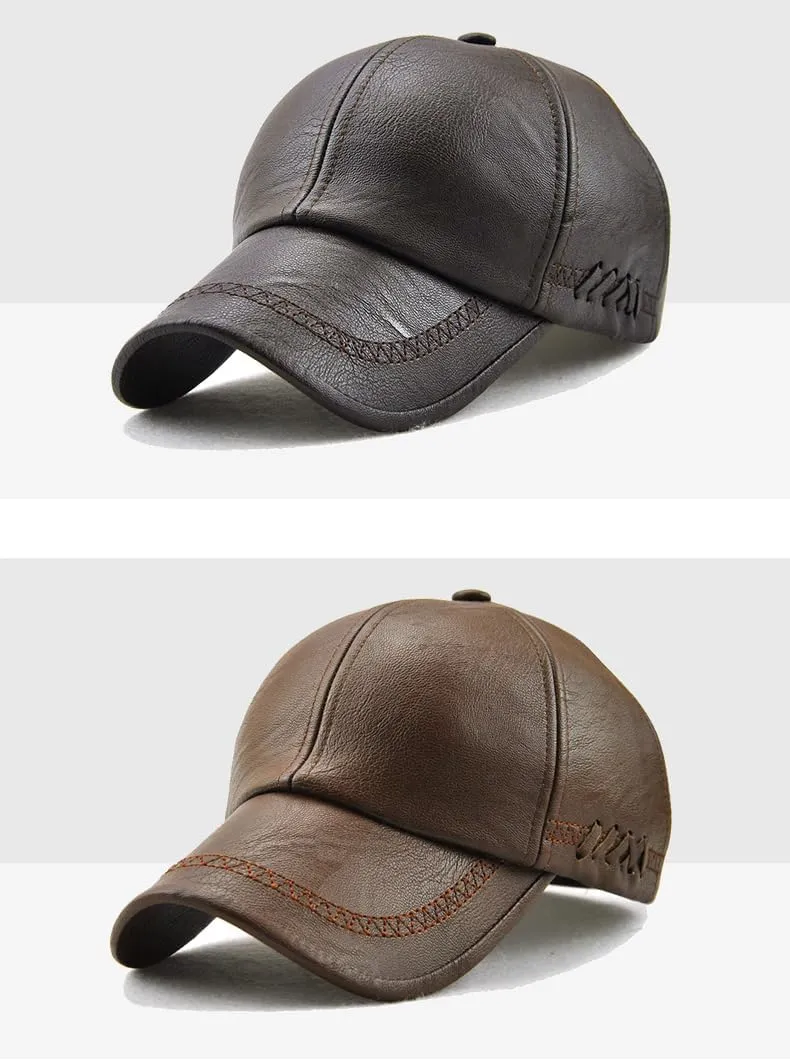 Men's PU Leather Baseball Cap with Adjustable Buckle Plain Wide Brim Hat for Autumn Winter