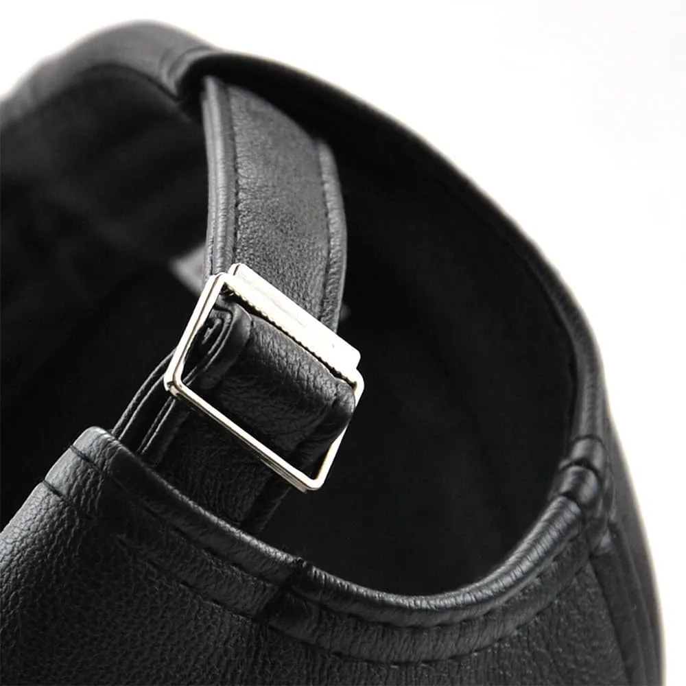 Men's PU Leather Baseball Cap with Adjustable Buckle Plain Wide Brim Hat for Autumn Winter