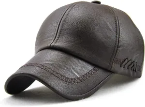 Men's PU Leather Baseball Cap with Adjustable Buckle Plain Wide Brim Hat for Autumn Winter