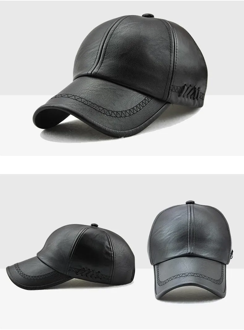 Men's PU Leather Baseball Cap with Adjustable Buckle Plain Wide Brim Hat for Autumn Winter