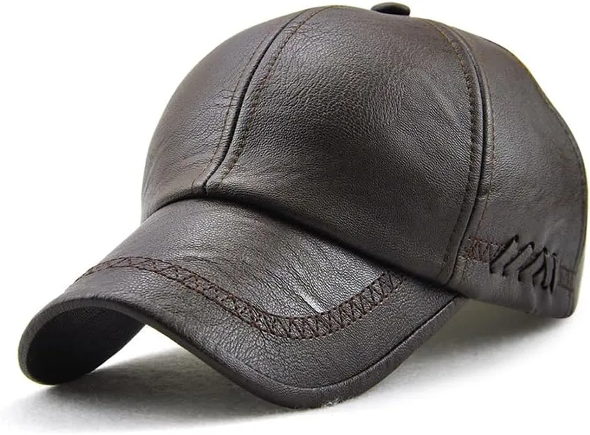 Men's PU Leather Baseball Cap with Adjustable Buckle Plain Wide Brim Hat for Autumn Winter
