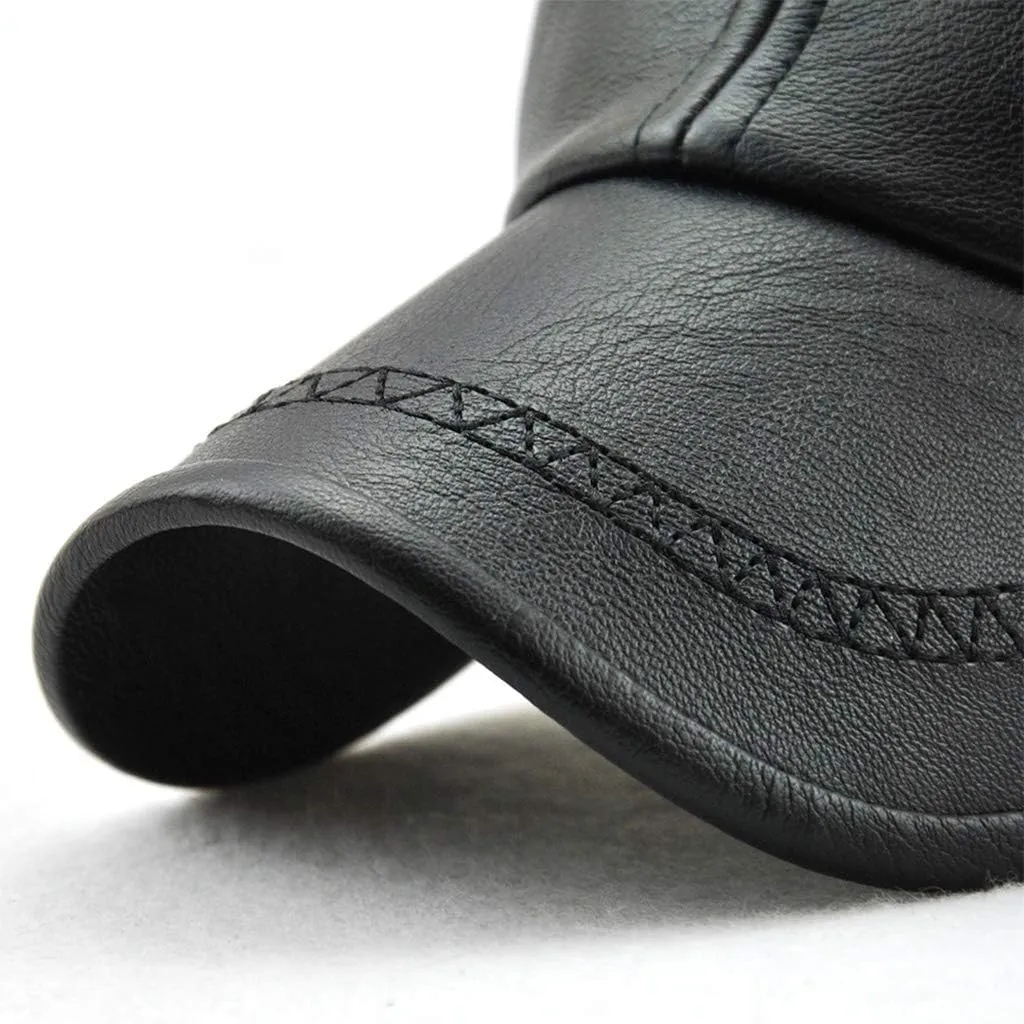 Men's PU Leather Baseball Cap with Adjustable Buckle Plain Wide Brim Hat for Autumn Winter