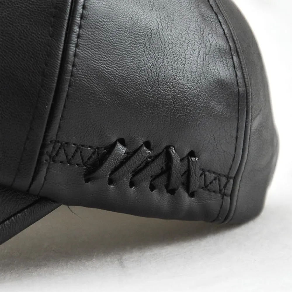 Men's PU Leather Baseball Cap with Adjustable Buckle Plain Wide Brim Hat for Autumn Winter