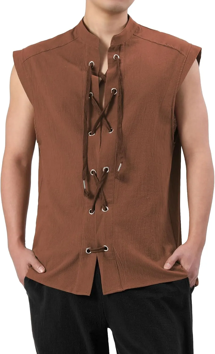 Mens Renaissance Sleeveless Shirts,Lace up Front Viking Pirate Shirt,Medieval Costume Halloween Tops