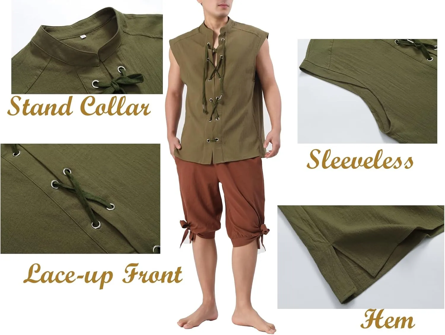 Mens Renaissance Sleeveless Shirts,Lace up Front Viking Pirate Shirt,Medieval Costume Halloween Tops