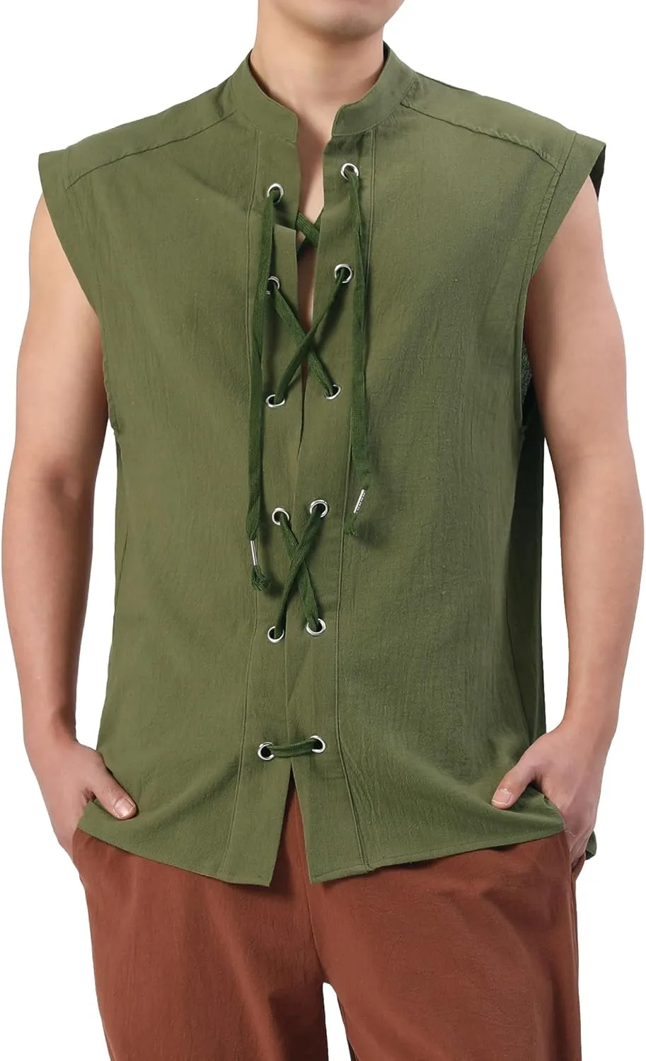 Mens Renaissance Sleeveless Shirts,Lace up Front Viking Pirate Shirt,Medieval Costume Halloween Tops