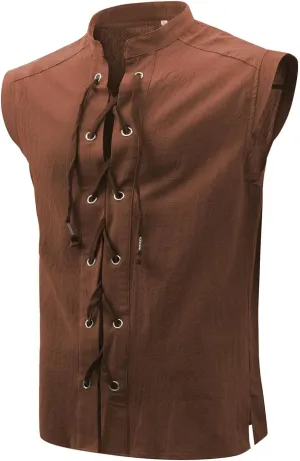 Mens Renaissance Sleeveless Shirts,Lace up Front Viking Pirate Shirt,Medieval Costume Halloween Tops