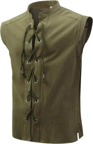 Mens Renaissance Sleeveless Shirts,Lace up Front Viking Pirate Shirt,Medieval Costume Halloween Tops