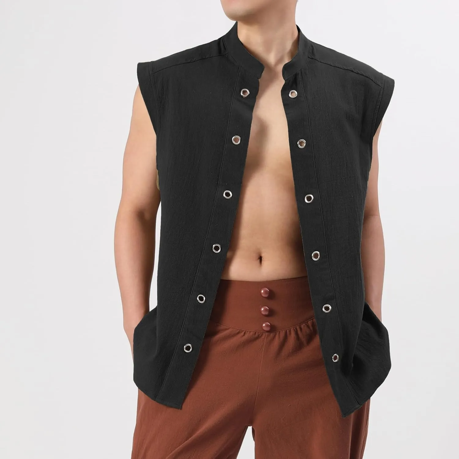 Mens Renaissance Sleeveless Shirts,Lace up Front Viking Pirate Shirt,Medieval Costume Halloween Tops
