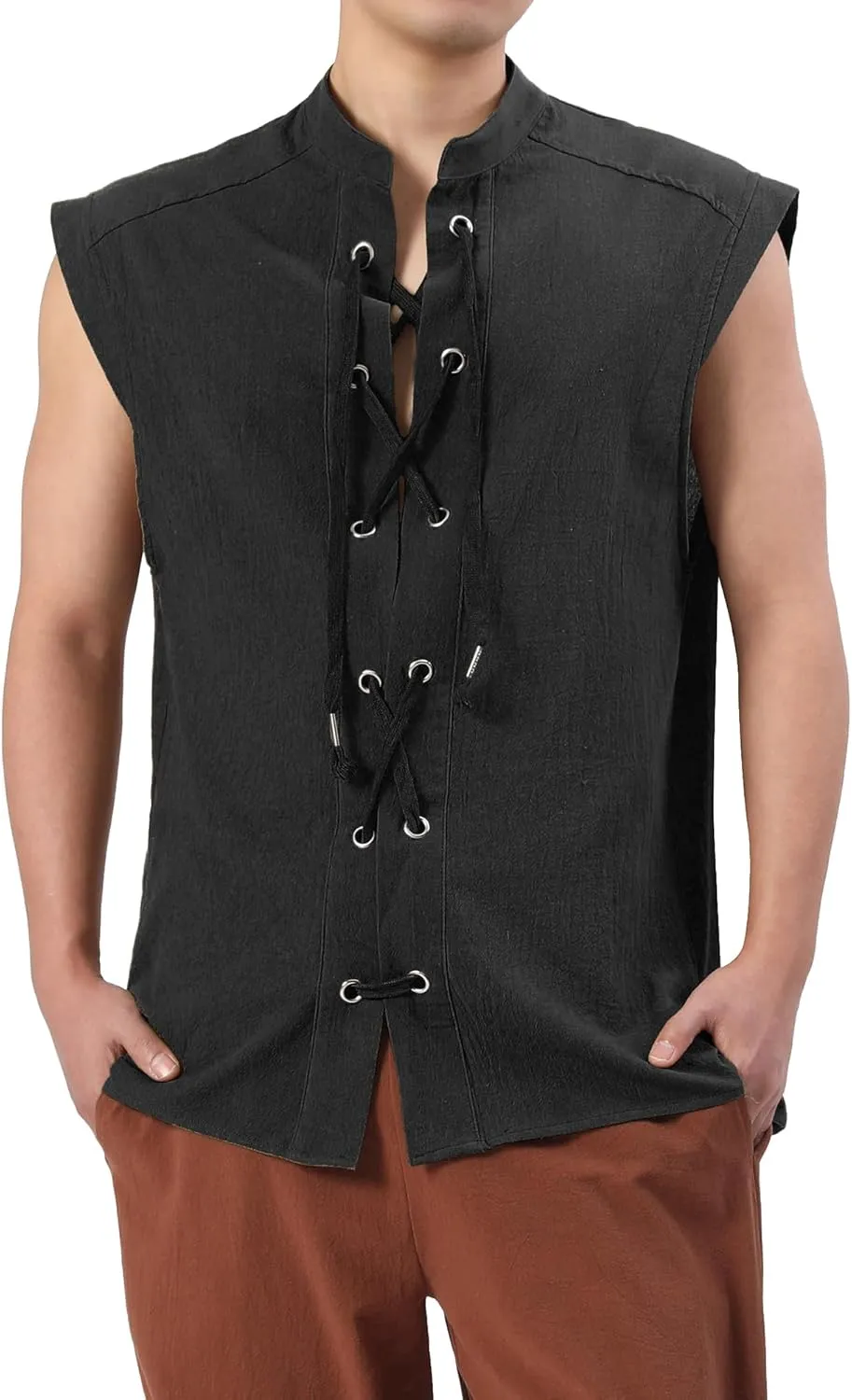 Mens Renaissance Sleeveless Shirts,Lace up Front Viking Pirate Shirt,Medieval Costume Halloween Tops