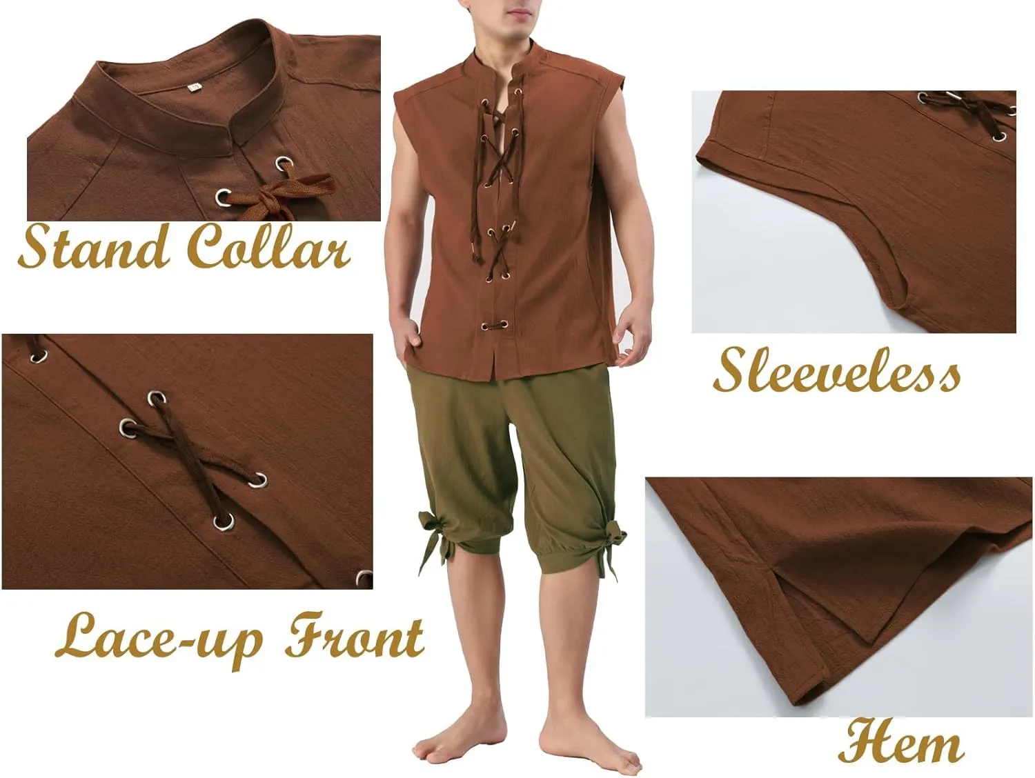 Mens Renaissance Sleeveless Shirts,Lace up Front Viking Pirate Shirt,Medieval Costume Halloween Tops