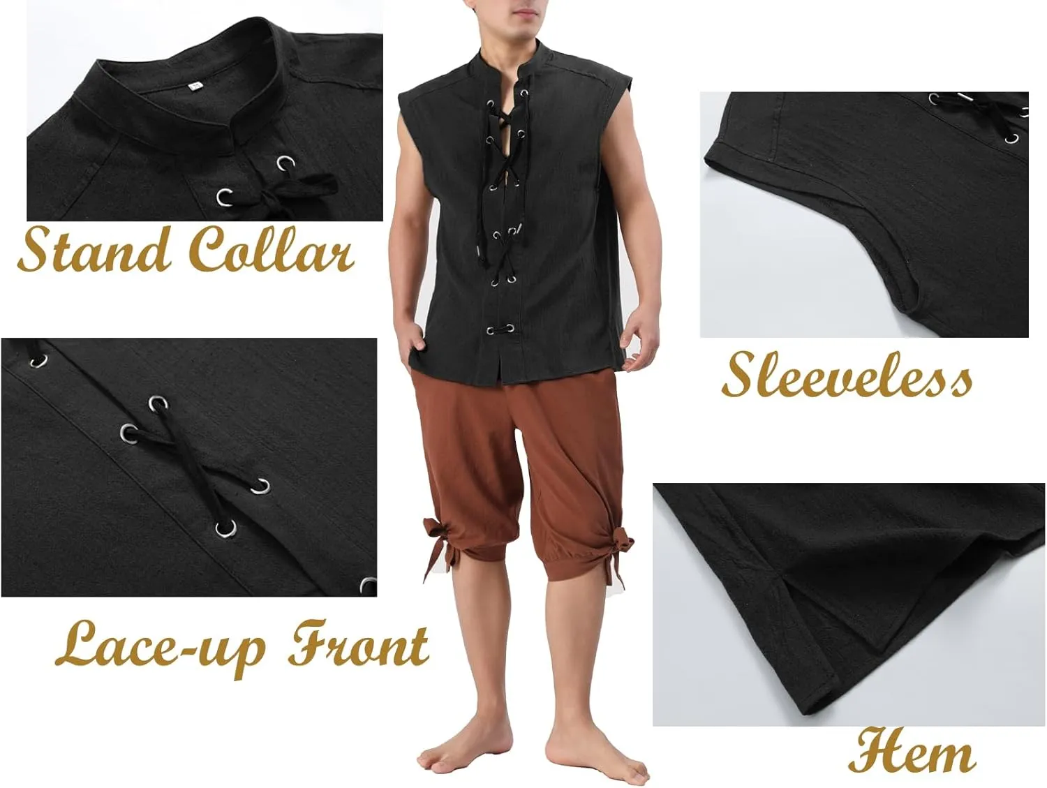 Mens Renaissance Sleeveless Shirts,Lace up Front Viking Pirate Shirt,Medieval Costume Halloween Tops
